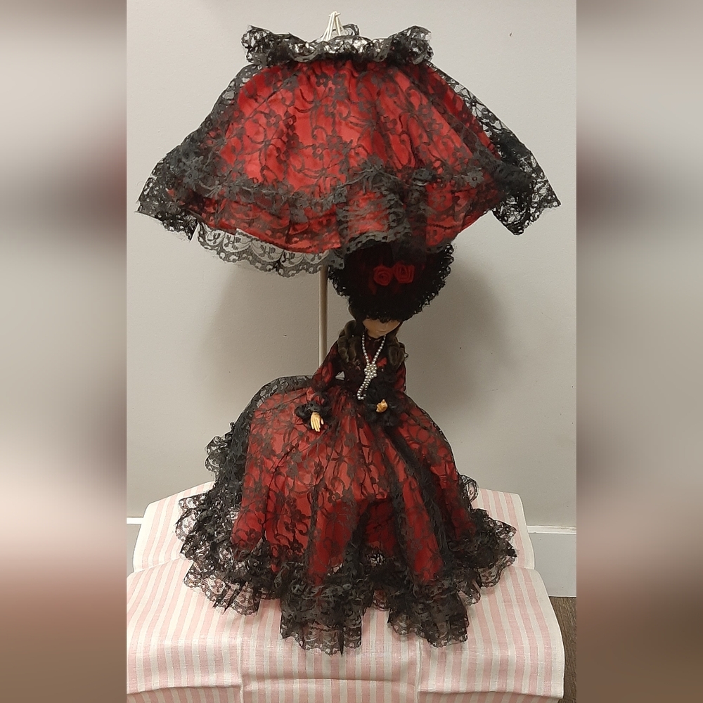 Vintage Bradley Black Lace and Red Doll Accent Night Lamp 24" Korea Working
